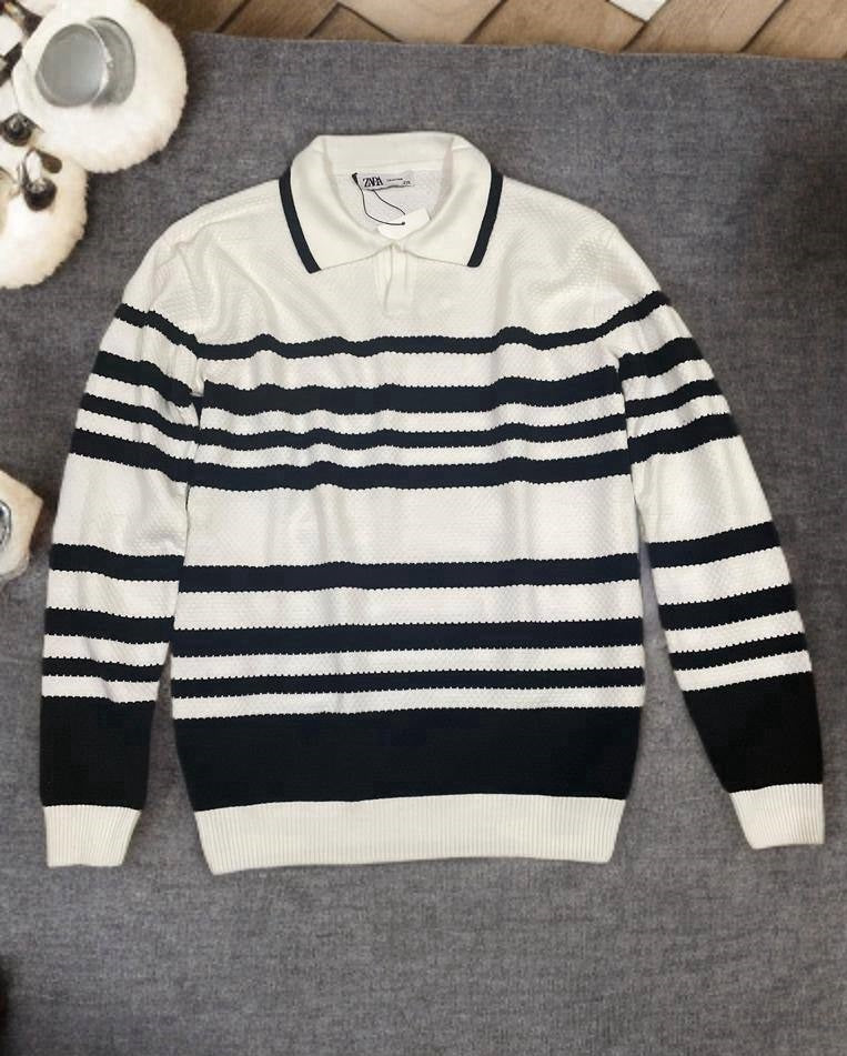 Standard Fit Striped  Polo Neck Knitted Pullover Wh