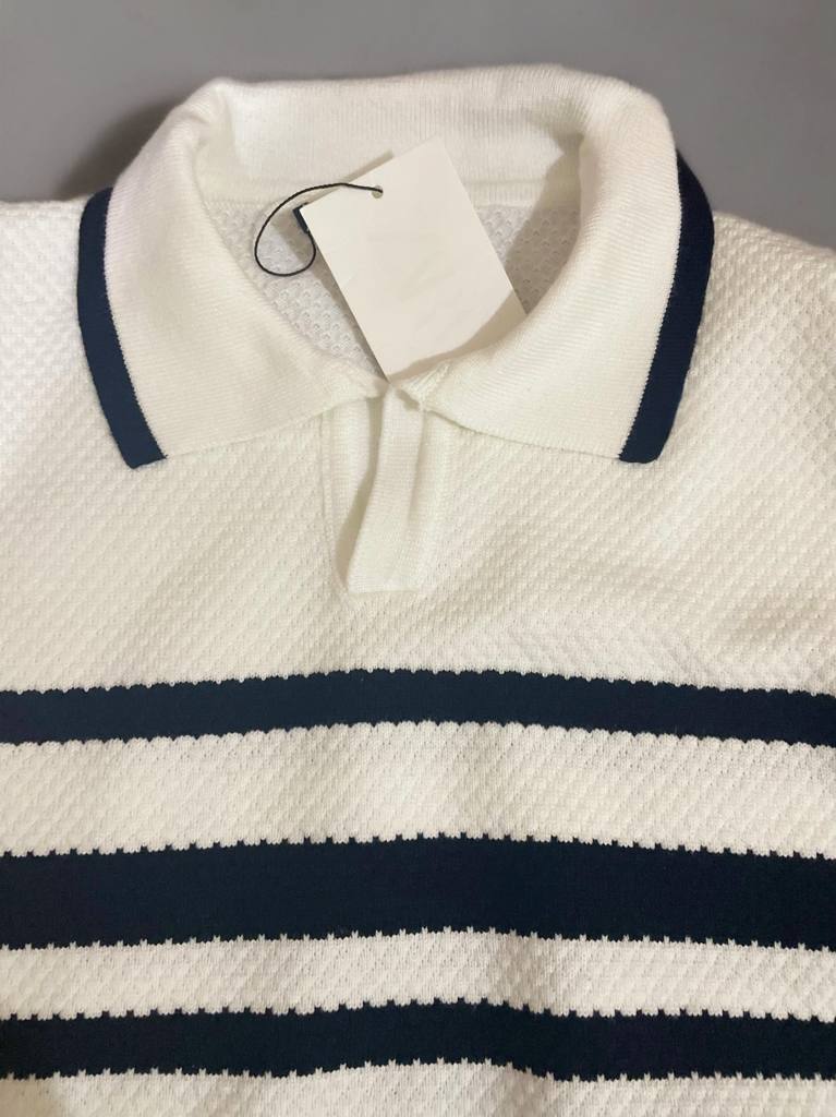 Standard Fit Striped  Polo Neck Knitted Pullover Wh