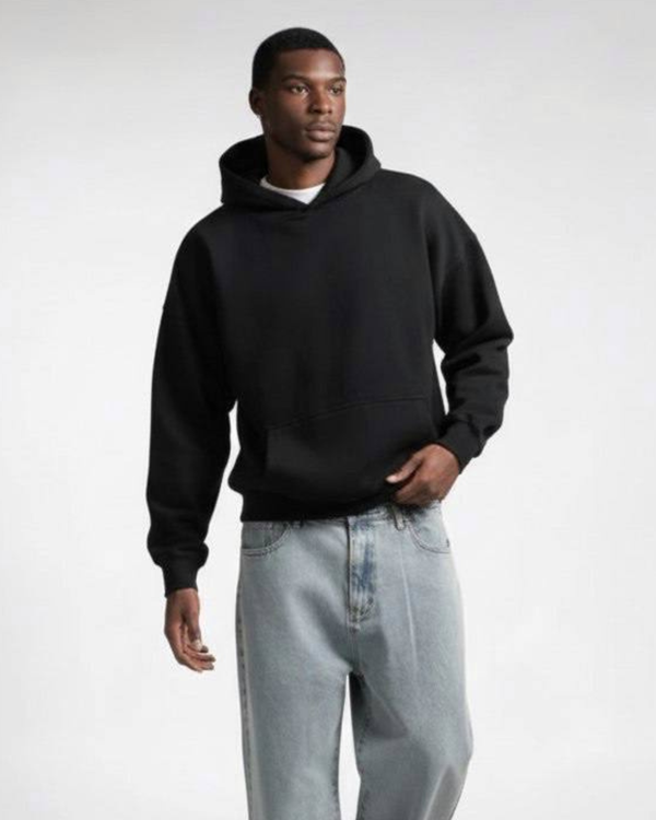 Drop Shoulder Black Hoodie