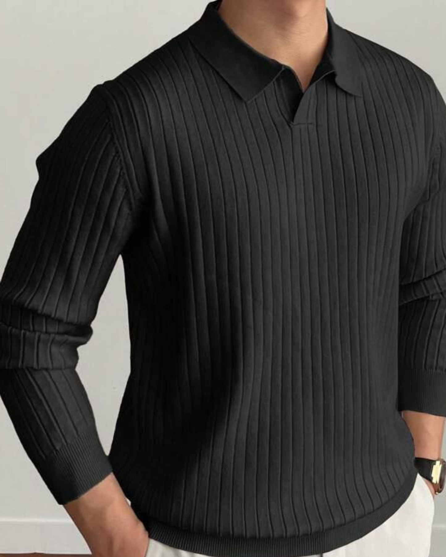 Slim Fit Black Polo Basic Knitted Pullover