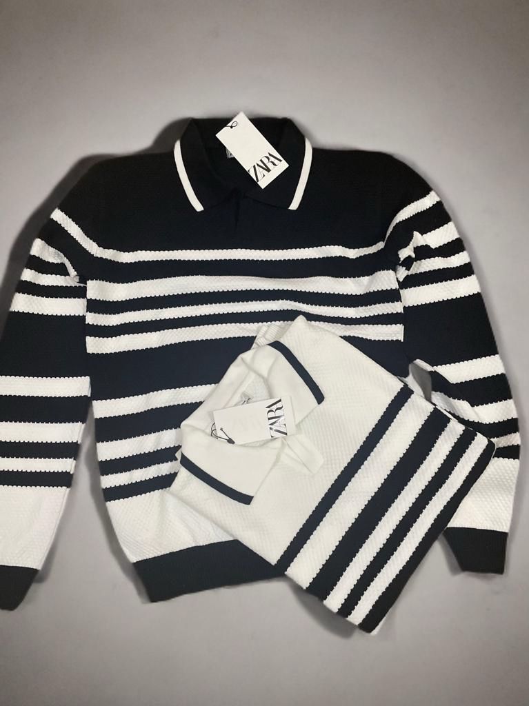 Standard Fit Striped  Polo Neck Knitted Pullover Wh