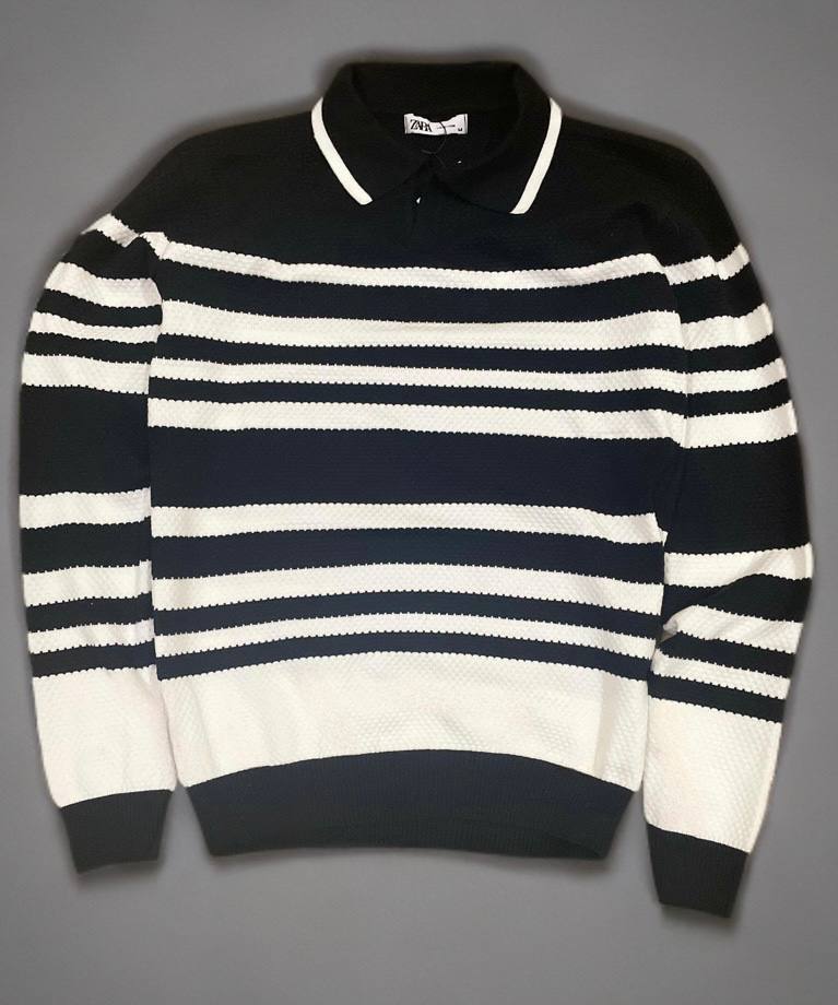 Standard Fit Striped  Polo Neck Knitted Pullover Wh